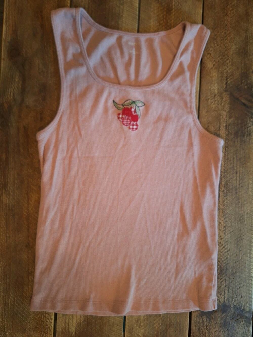 Maeve by Anthropologie Tank Top Size MED Pink Ribbed Cherries Stretch Summer
